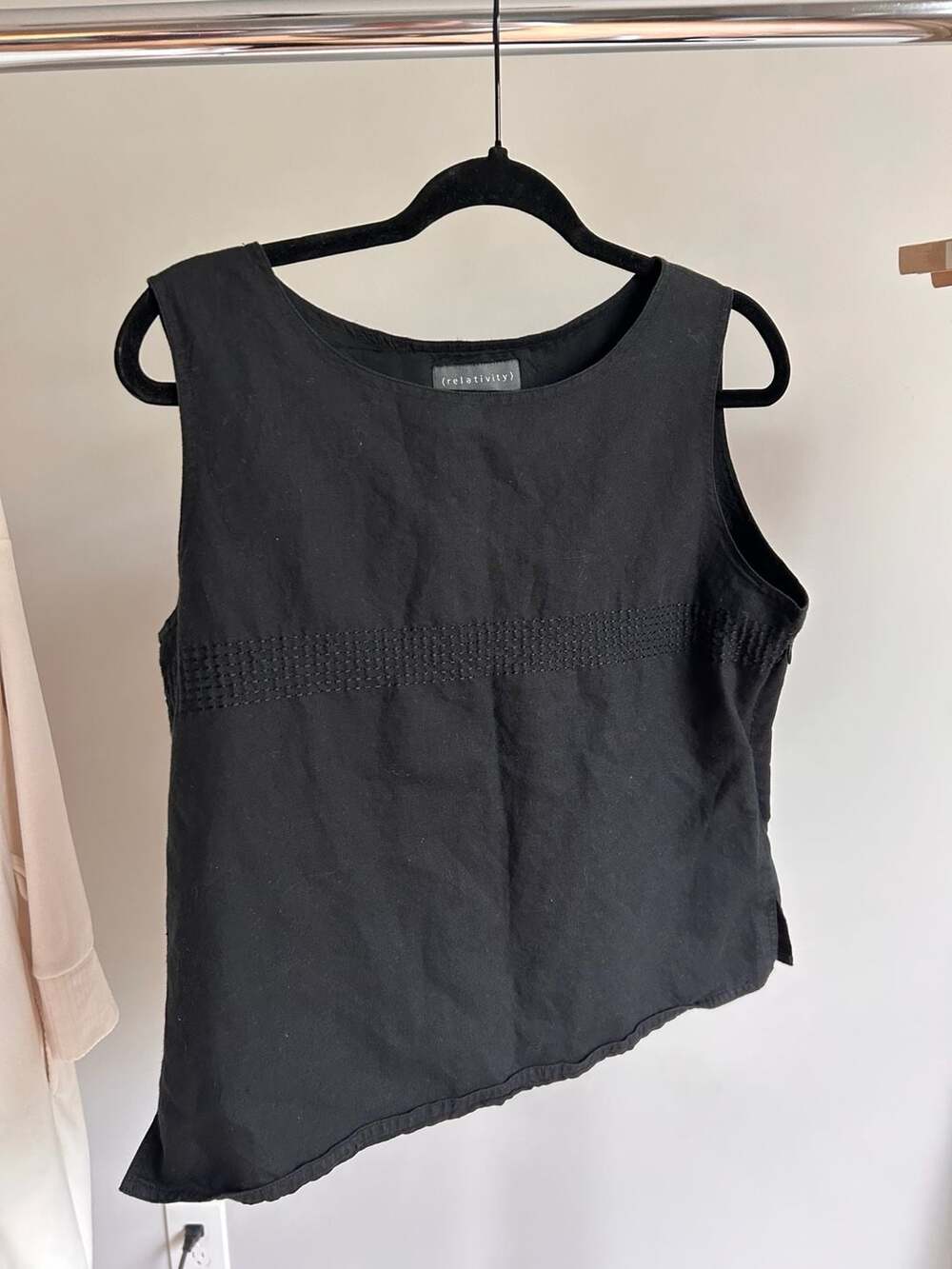 (relativity) Women's Black Linen-Cotton Blend Sleeveless Tank Top with Embroider